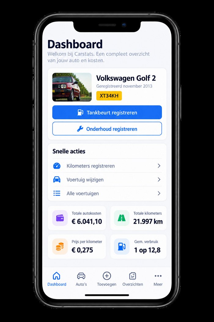 Carstats op een telefoon, met het dashboard van een auto.