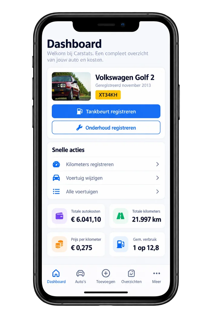 Het Carstats-dashboard op een telefoon, met de knop Onderhoud registreren