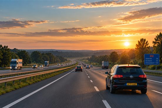 Auto op de snelweg bij zonsondergang