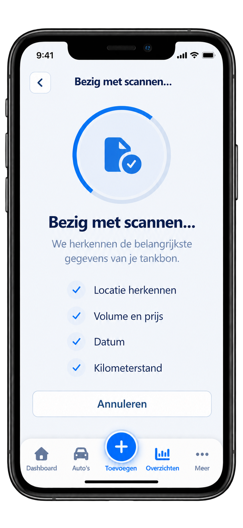 Het scherm Bezig met scannen: Carstats herkent de locatie, het volume en de prijs, de datum en de kilometerstand van de tankbon.