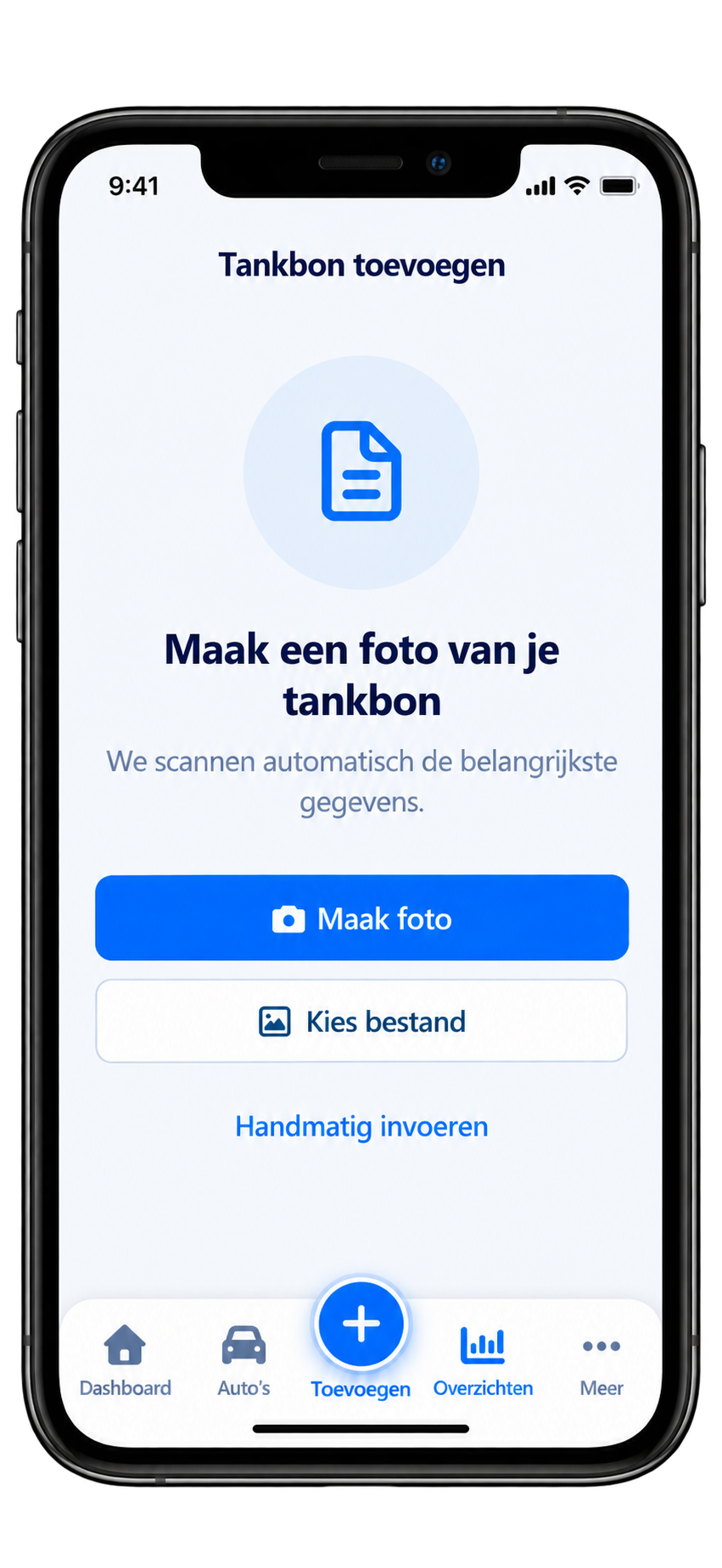 Het scherm Tankbon toevoegen in Carstats op een telefoon, met de knoppen Maak foto, Kies bestand en Handmatig invoeren.