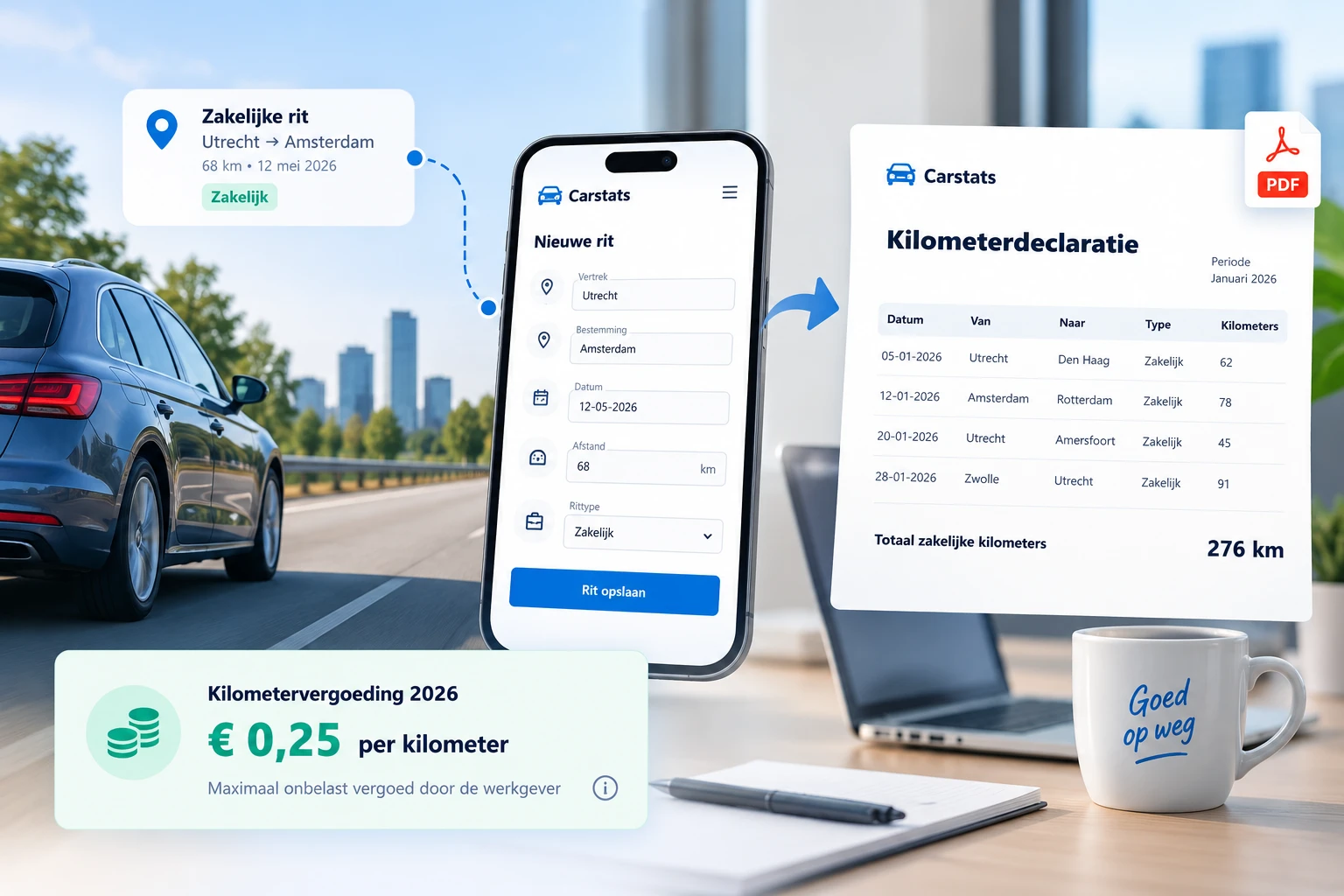 Een zakelijke rit van Utrecht naar Amsterdam registreren in Carstats op de telefoon en er een kilometerdeclaratie als pdf van maken